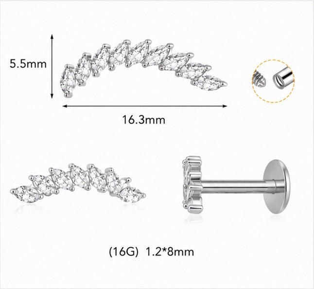 Piercing Labret Curvo con Zirconi Marquise – Titanio ASTM F-136