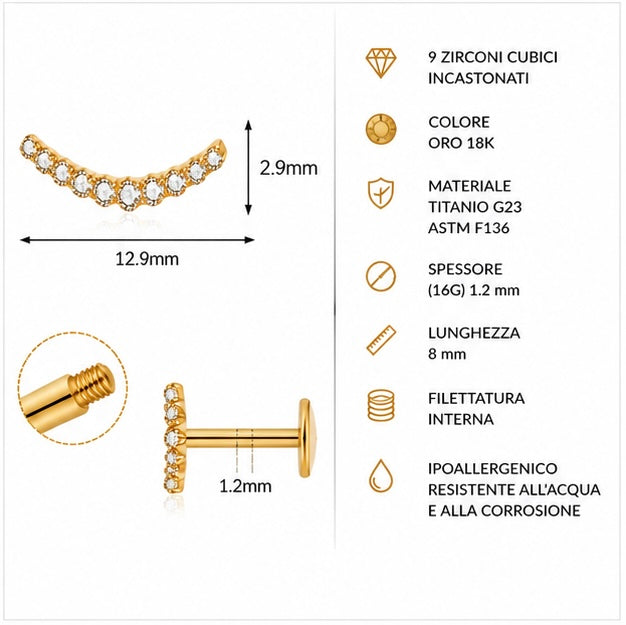 Labret Curvo con 9 Zirconi – Titanio G23 ASTM F136 – Filettatura Interna