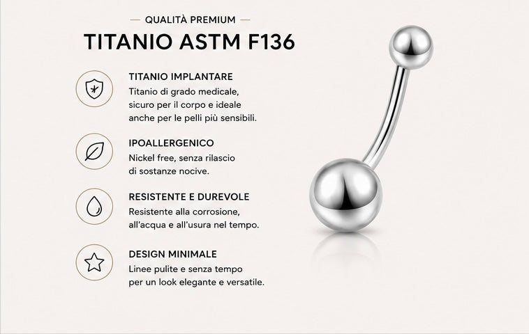 Piercing Ombelico classic in Titanio ASTM F136 (D0002)con sfere lisce filettatura esterna