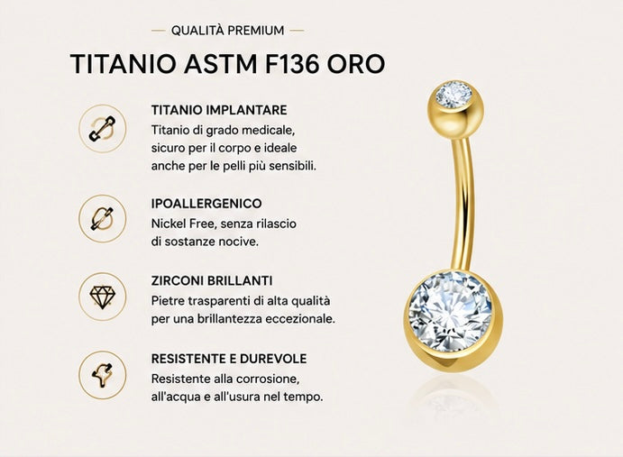 Piercing Ombelico con Doppio Zircone a castone liscio in Titanio ASTM F136 (D0004) filettatura esterna