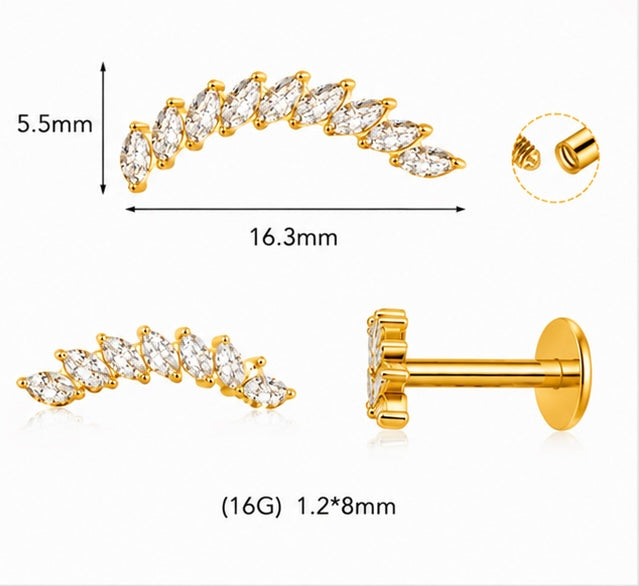 Piercing Labret Curvo con Zirconi Marquise – Titanio ASTM F-136