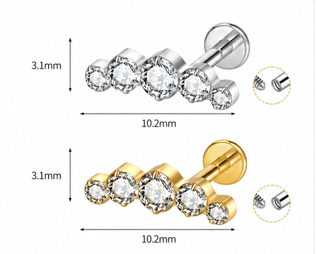 Labret Curvo con 5 Zirconi Graduati – Titanio G23 ASTM F136 – Filettatura Interna