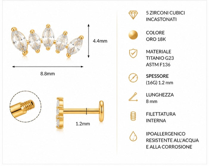 Labret Curvo con 5 Zirconi – Titanio G23 ASTM F136 – Filettatura Interna