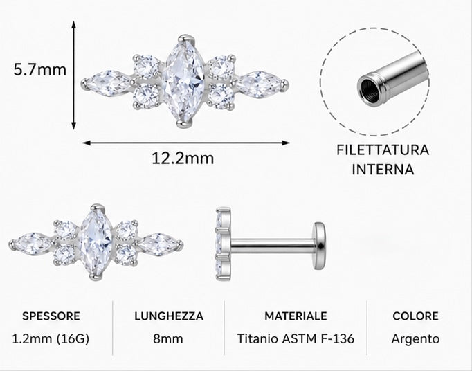 Piercing Labret Premium in Titanio ASTM F-136 con Zirconi – Filettatura Interna