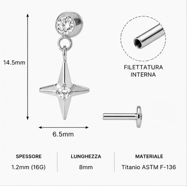 Labret con Stella Pendente e Zircone – Titanio ASTM F-136 | Filettatura Interna