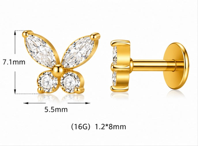 Piercing Labret Farfalla con Zirconi – Titanio ASTM F136 – Filettatura Interna