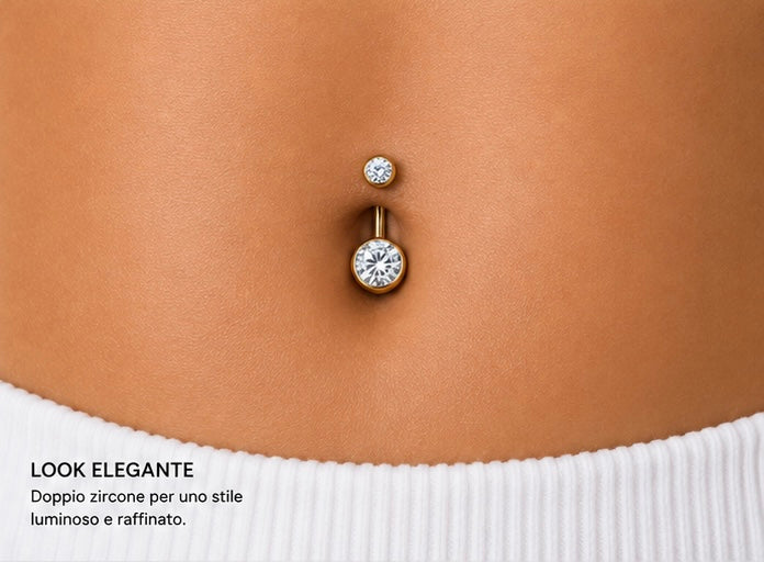 Piercing Ombelico con Doppio Zircone a castone liscio in Titanio ASTM F136 (D0004) filettatura esterna