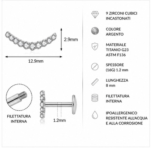 Labret Curvo con 9 Zirconi – Titanio G23 ASTM F136 – Filettatura Interna