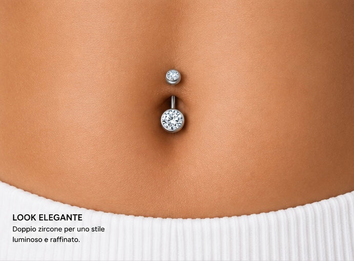 Piercing Ombelico con Doppio Zircone a castone liscio in Titanio ASTM F136 (D0004) filettatura esterna