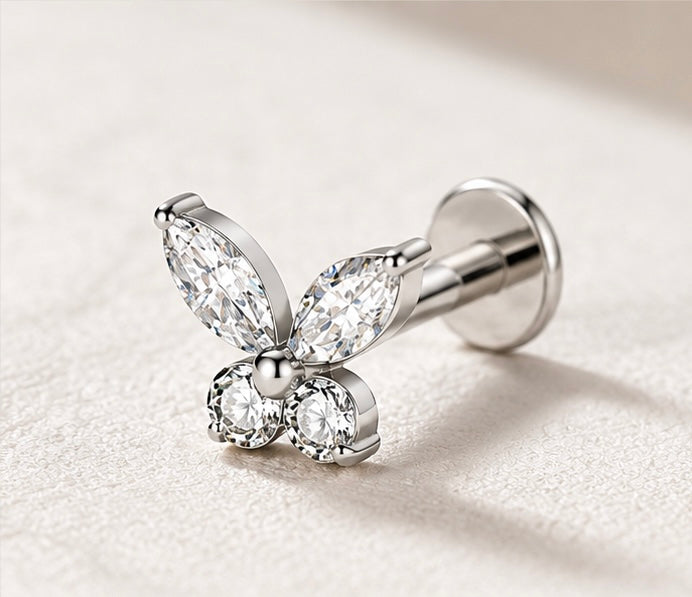 Piercing Labret Farfalla con Zirconi – Titanio ASTM F136 – Filettatura Interna