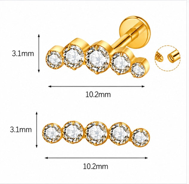 Labret Curvo con 5 Zirconi Graduati – Titanio G23 ASTM F136 – Filettatura Interna