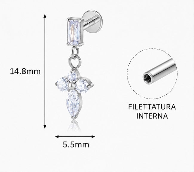 Labret con Croce Pendente in Zirconi – Titanio ASTM F136 | Filettatura Interna