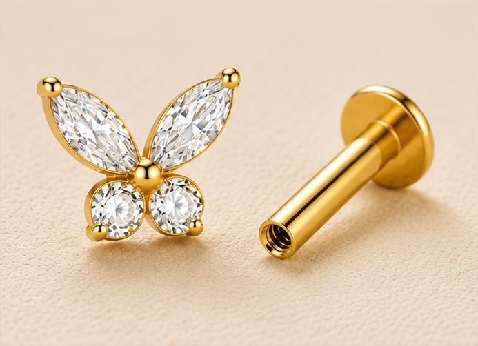 Piercing Labret Farfalla con Zirconi – Titanio ASTM F136 – Filettatura Interna