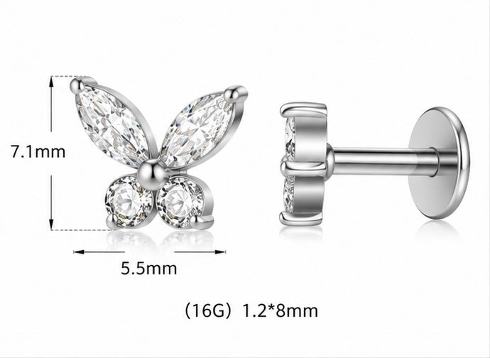 Piercing Labret Farfalla con Zirconi – Titanio ASTM F136 – Filettatura Interna