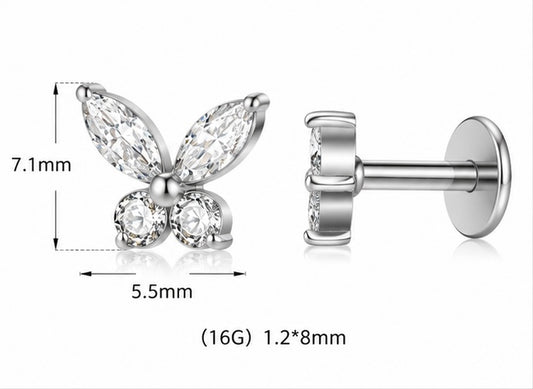 Piercing Labret Farfalla con Zirconi – Titanio ASTM F136 – Filettatura Interna