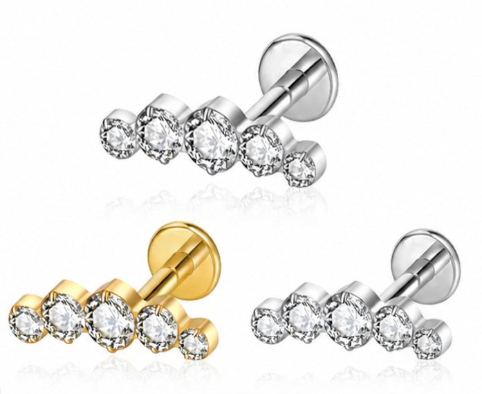 Labret Curvo con 5 Zirconi Graduati – Titanio G23 ASTM F136 – Filettatura Interna
