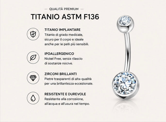 Piercing Ombelico con Doppio Zircone a castone liscio in Titanio ASTM F136 (D0004) filettatura esterna