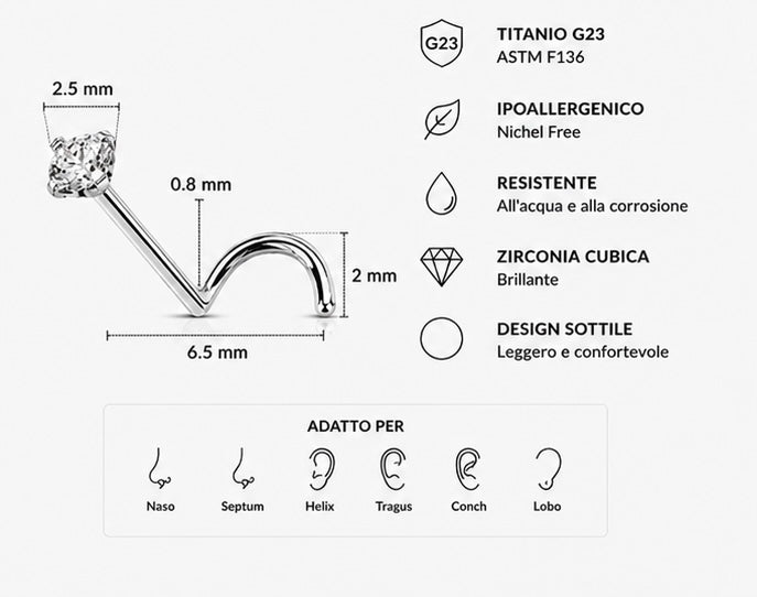 Piercing Nostril Curvo con Zircone – Titanio G23 ASTM F136