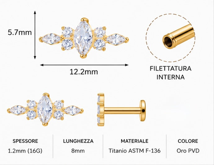 Piercing Labret Premium in Titanio ASTM F-136 con Zirconi – Filettatura Interna