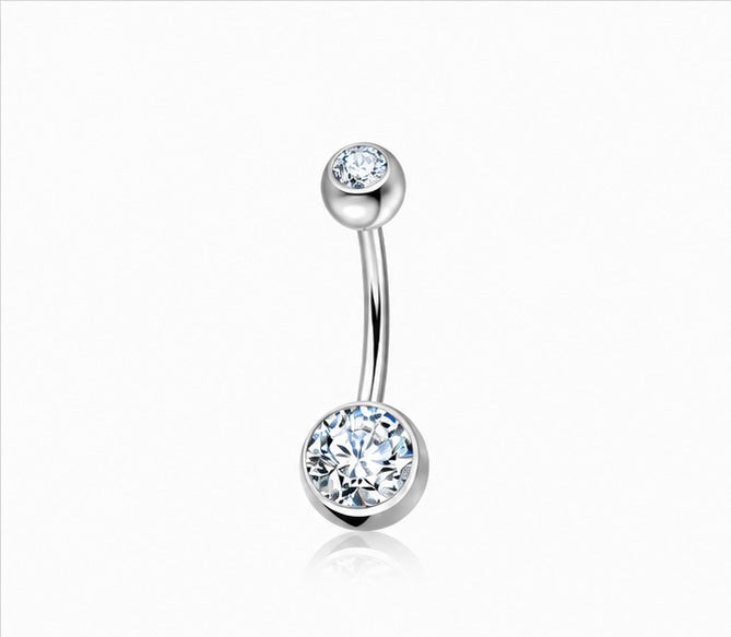 Piercing Ombelico con Doppio Zircone a castone liscio in Titanio ASTM F136 (D0004) filettatura esterna