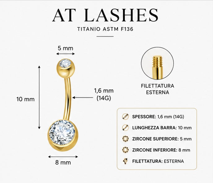 Piercing Ombelico con Doppio Zircone a castone liscio in Titanio ASTM F136 (D0004) filettatura esterna