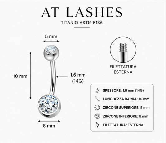 Piercing Ombelico con Doppio Zircone a castone liscio in Titanio ASTM F136 (D0004) filettatura esterna