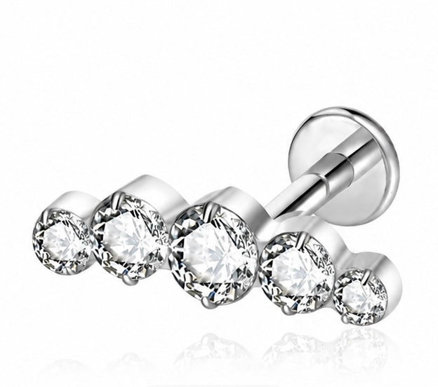 Labret Curvo con 5 Zirconi Graduati – Titanio G23 ASTM F136 – Filettatura Interna