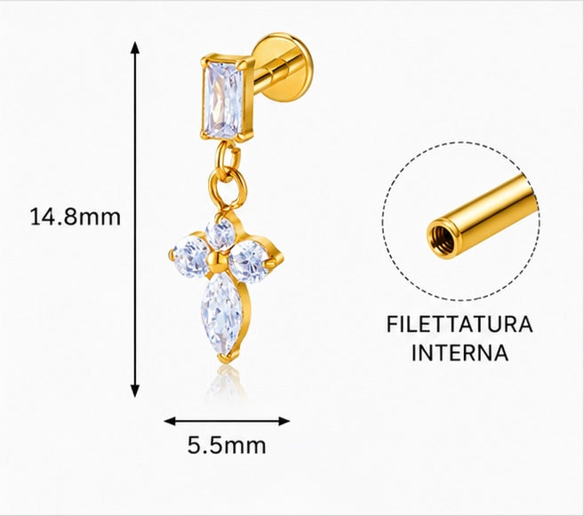 Labret con Croce Pendente in Zirconi – Titanio ASTM F136 | Filettatura Interna