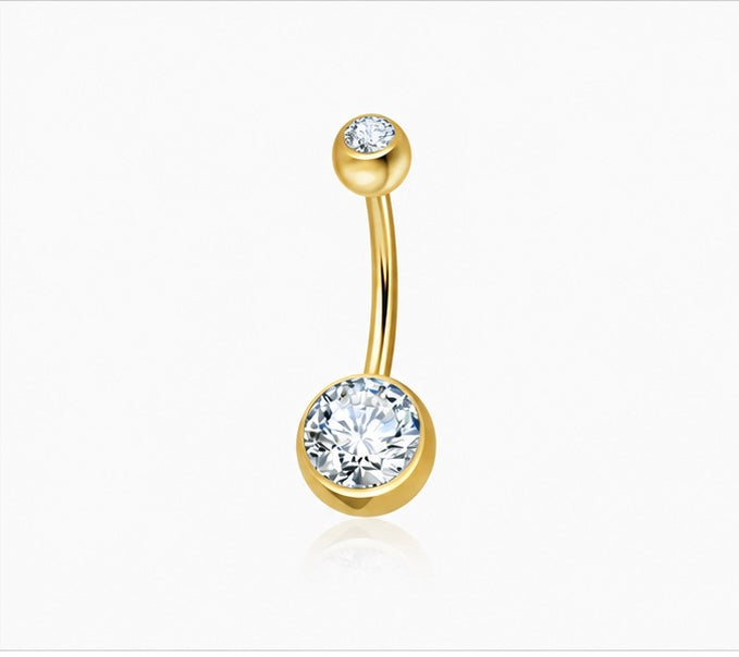 Piercing Ombelico con Doppio Zircone a castone liscio in Titanio ASTM F136 (D0004) filettatura esterna