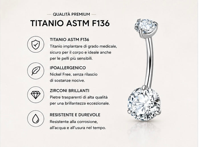 Piercing Ombelico con Doppio Zircone in Titanio ASTM F136 (D0032)