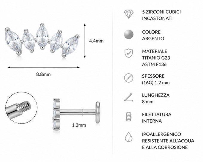 Labret Curvo con 5 Zirconi – Titanio G23 ASTM F136 – Filettatura Interna