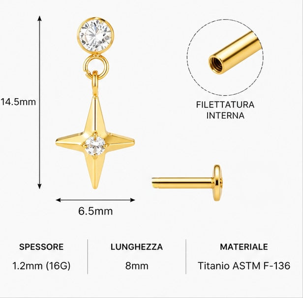 Labret con Stella Pendente e Zircone – Titanio ASTM F-136 | Filettatura Interna