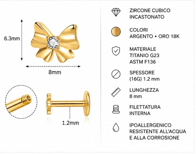 Labret Fiocco con Zircone – Titanio G23 ASTM F136 – Filettatura Interna