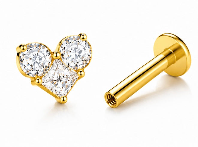Piercing Labret Cuore con Zirconi – Titanio ASTM F136 – Filettatura Interna