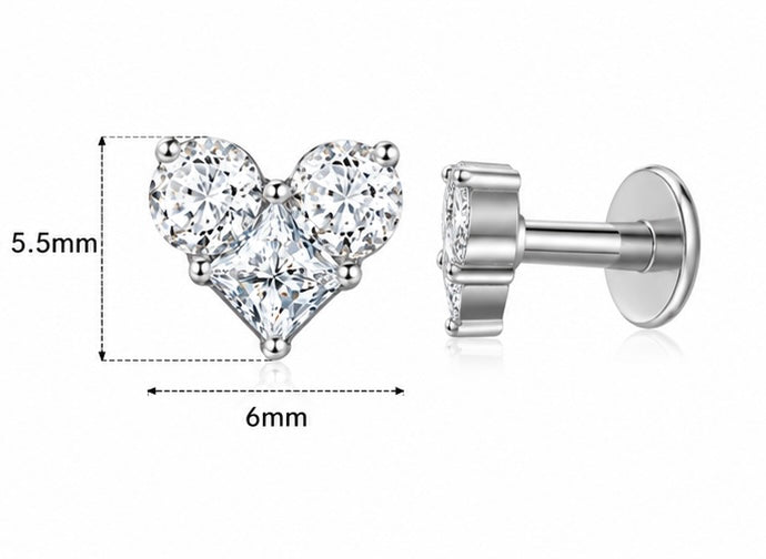 Piercing Labret Cuore con Zirconi – Titanio ASTM F136 – Filettatura Interna