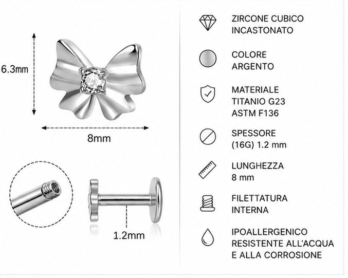 Labret Fiocco con Zircone – Titanio G23 ASTM F136 – Filettatura Interna