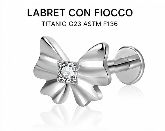 Labret Fiocco con Zircone – Titanio G23 ASTM F136 – Filettatura Interna