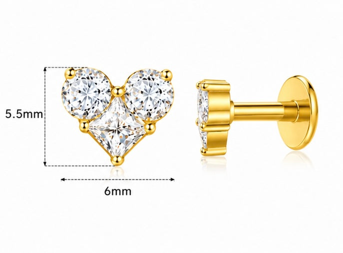 Piercing Labret Cuore con Zirconi – Titanio ASTM F136 – Filettatura Interna