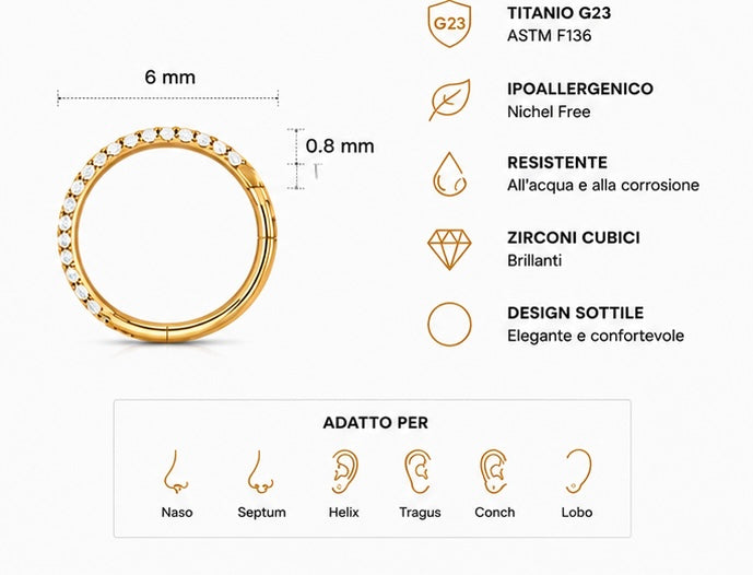 Piercing a Cerchio per Naso con zirconi – Titanio G23 ASTM F136 – Seamless Ring