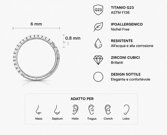 Piercing a Cerchio per Naso con zirconi – Titanio G23 ASTM F136 – Seamless Ring