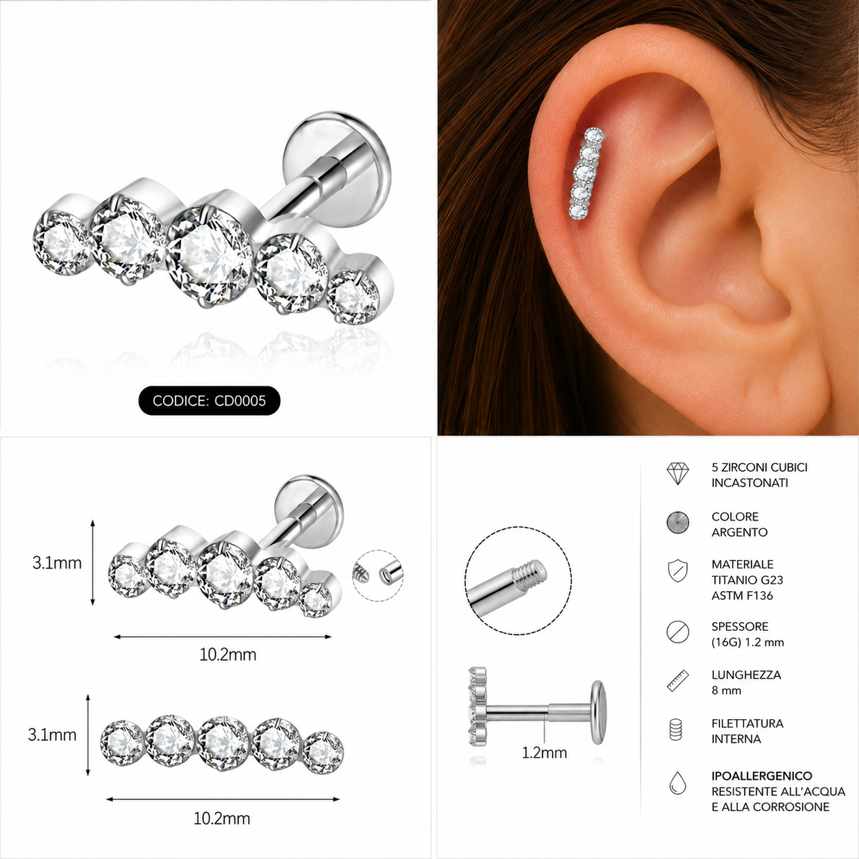 Labret Curvo con 5 Zirconi Graduati – Titanio G23 ASTM F136 – Filettatura Interna
