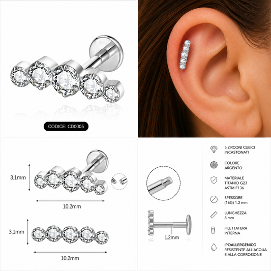 Labret Curvo con 5 Zirconi Graduati – Titanio G23 ASTM F136 – Filettatura Interna