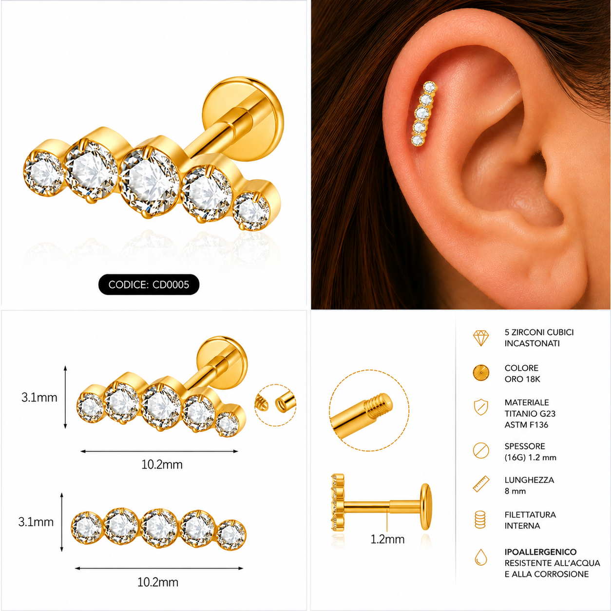 Labret Curvo con 5 Zirconi Graduati – Titanio G23 ASTM F136 – Filettatura Interna
