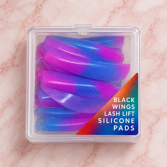 Bigodini Black Wings in silicone con sfumature blu e viola ed effetto glitter, in custodia trasparente