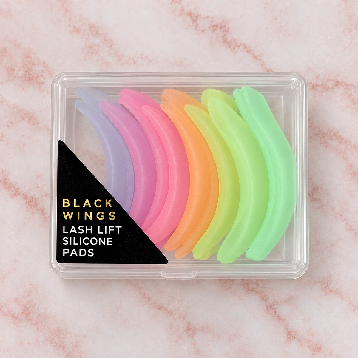Bigodini Black Wings in silicone multicolore per laminazione ciglia in custodia trasparente