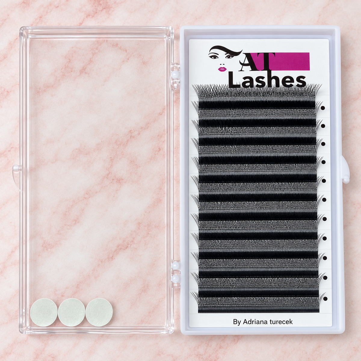 Box di extension ciglia W AT Lashes su sfondo rosa