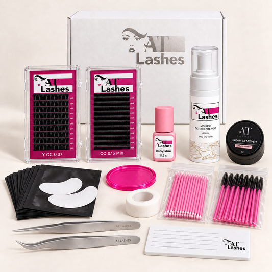 Kit extension AT Lashes con un box CC 0,15 e un box Y CC 0,07, Colla Baby e accessori