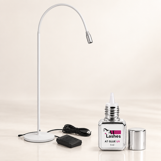 Kit UV AT Lashes con lampada 10W, pedale e colla UV trasparente 5 ml